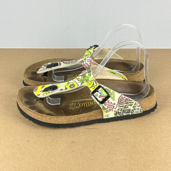 Birkenstock Papillio Gizeh Floral Print Toe Post Sandals Womens 9 Yellow Green - Picture 1 of 9